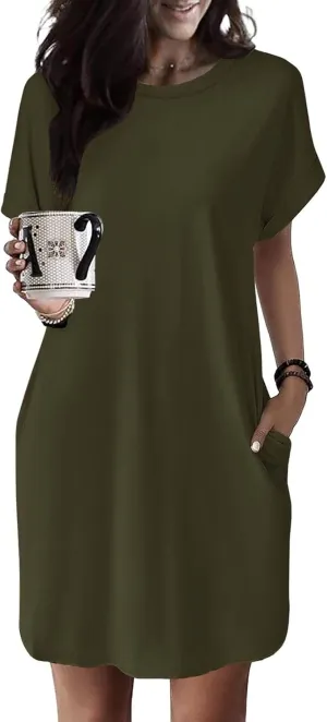 Dresses for Women Summer Batwing Sleeve Crew Neck Mini Dress Solid Color Casual Dressy Sundress Loose Fit Dresses
