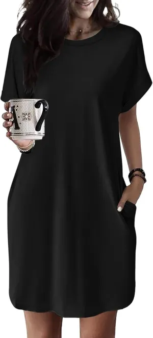 Dresses for Women Summer Batwing Sleeve Crew Neck Mini Dress Solid Color Casual Dressy Sundress Loose Fit Dresses