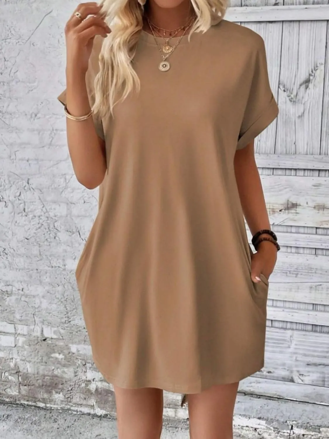 Dresses for Women Summer Batwing Sleeve Crew Neck Mini Dress Solid Color Casual Dressy Sundress Loose Fit Dresses