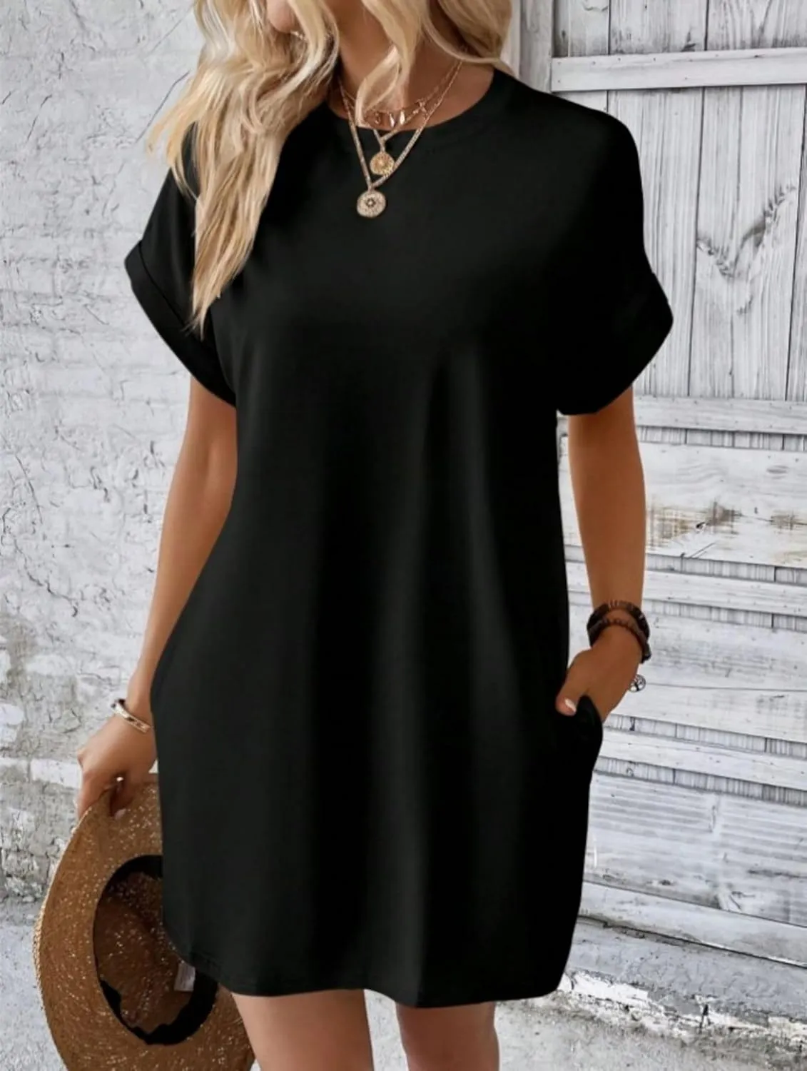 Dresses for Women Summer Batwing Sleeve Crew Neck Mini Dress Solid Color Casual Dressy Sundress Loose Fit Dresses