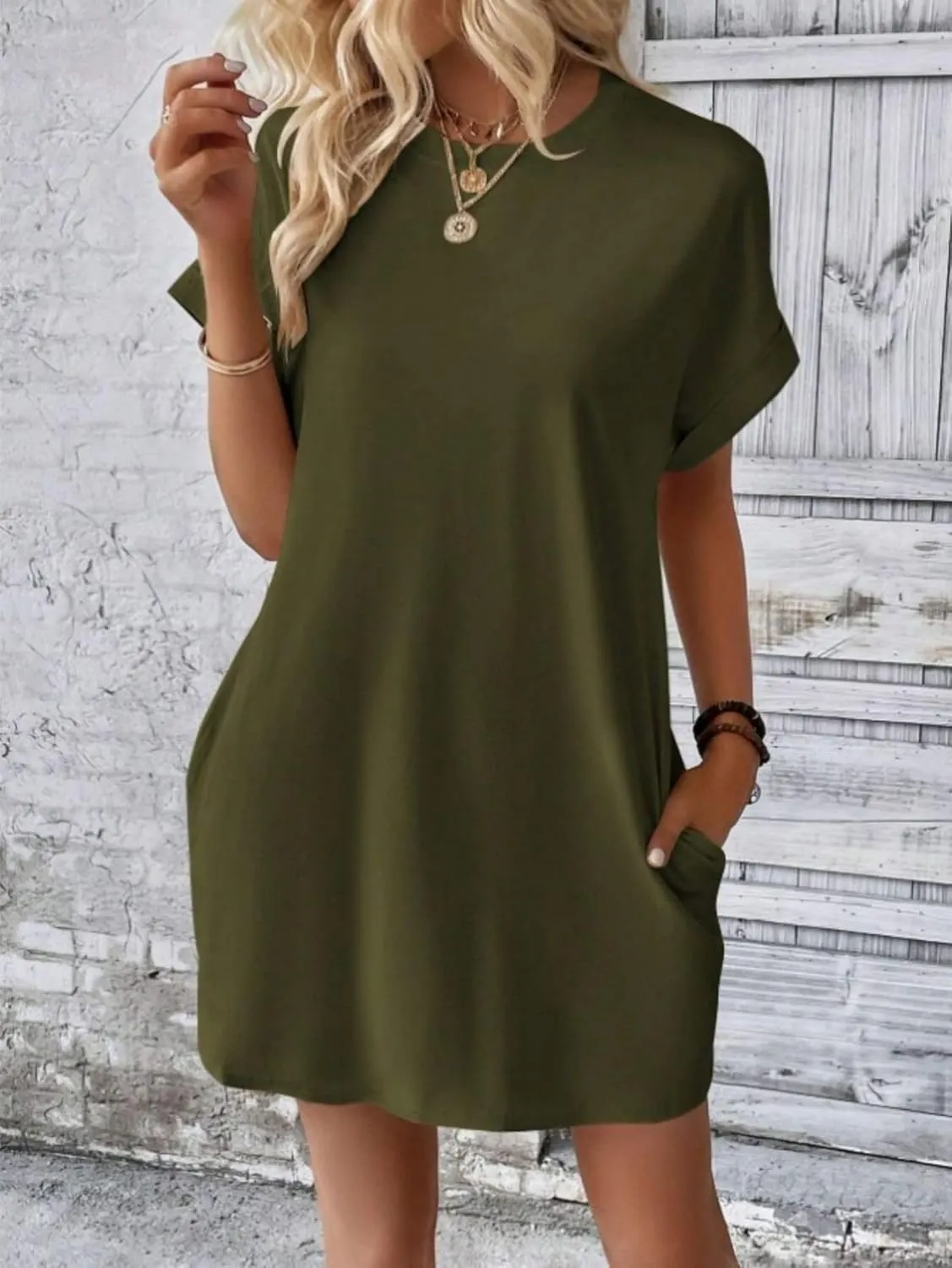 Dresses for Women Summer Batwing Sleeve Crew Neck Mini Dress Solid Color Casual Dressy Sundress Loose Fit Dresses