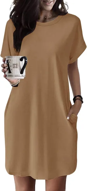 Dresses for Women Summer Batwing Sleeve Crew Neck Mini Dress Solid Color Casual Dressy Sundress Loose Fit Dresses