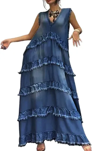 ebossy Womens Casual Sleeveless Denim Maxi Dress Loose V Neck Tiered Ruffle Flowy Swing Boho Beach Sundress