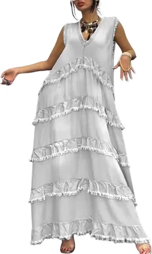 ebossy Womens Casual Sleeveless Denim Maxi Dress Loose V Neck Tiered Ruffle Flowy Swing Boho Beach Sundress