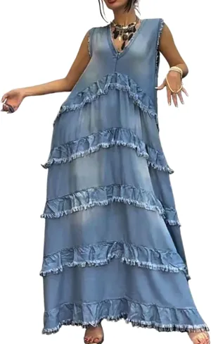 ebossy Womens Casual Sleeveless Denim Maxi Dress Loose V Neck Tiered Ruffle Flowy Swing Boho Beach Sundress
