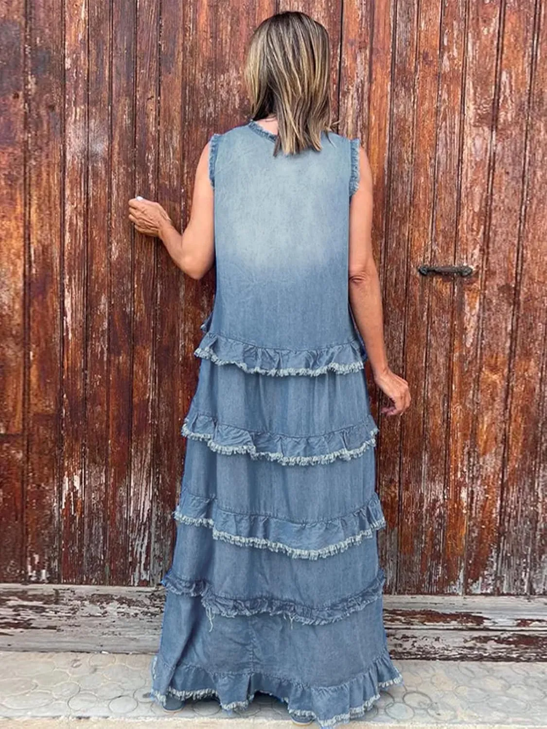 ebossy Womens Casual Sleeveless Denim Maxi Dress Loose V Neck Tiered Ruffle Flowy Swing Boho Beach Sundress
