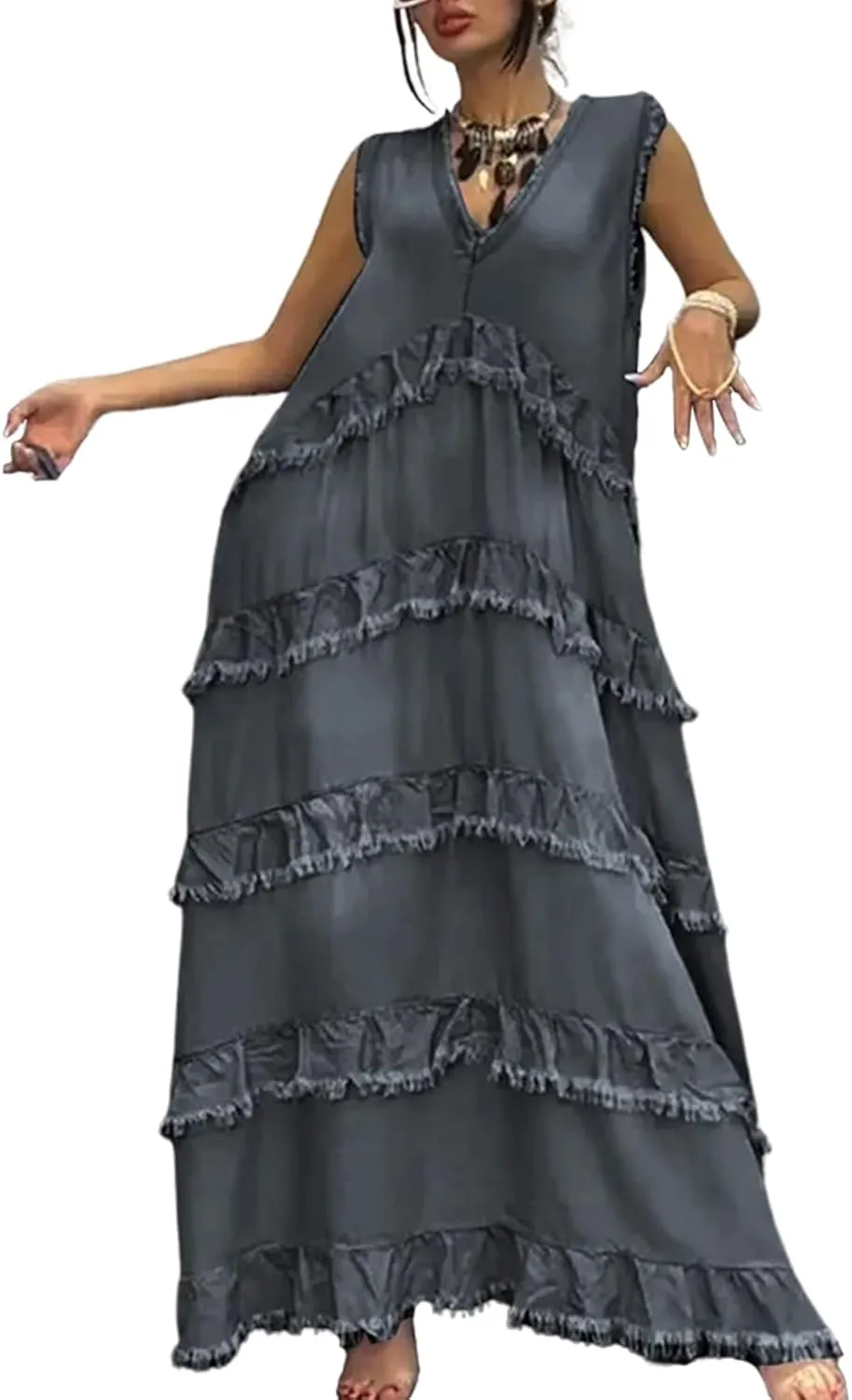 ebossy Womens Casual Sleeveless Denim Maxi Dress Loose V Neck Tiered Ruffle Flowy Swing Boho Beach Sundress