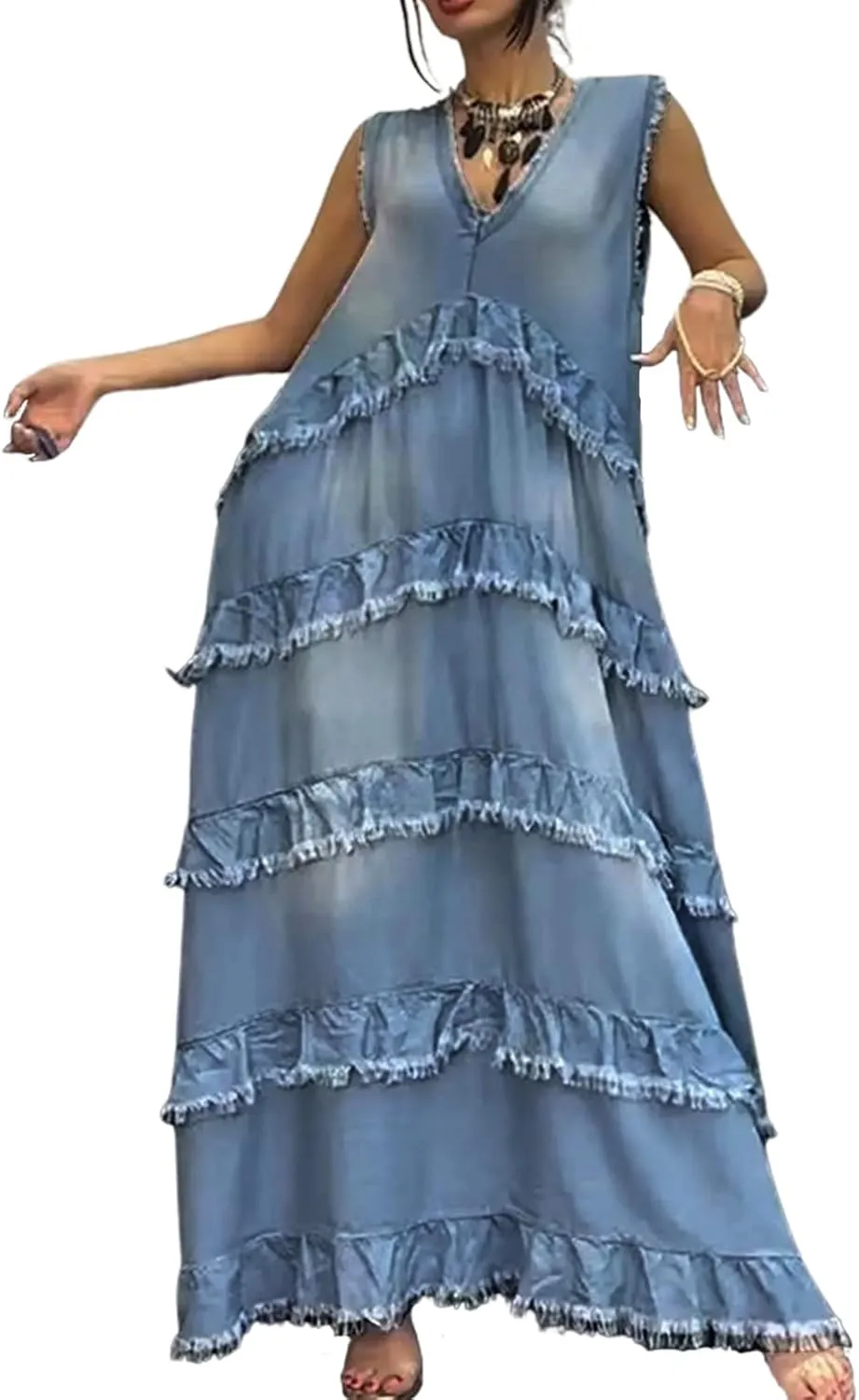 ebossy Womens Casual Sleeveless Denim Maxi Dress Loose V Neck Tiered Ruffle Flowy Swing Boho Beach Sundress