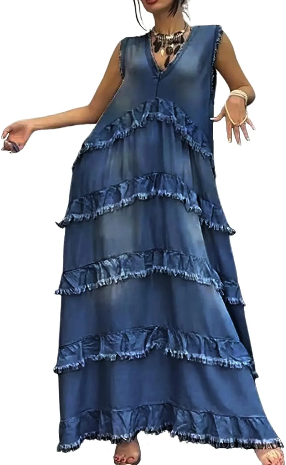 ebossy Womens Casual Sleeveless Denim Maxi Dress Loose V Neck Tiered Ruffle Flowy Swing Boho Beach Sundress