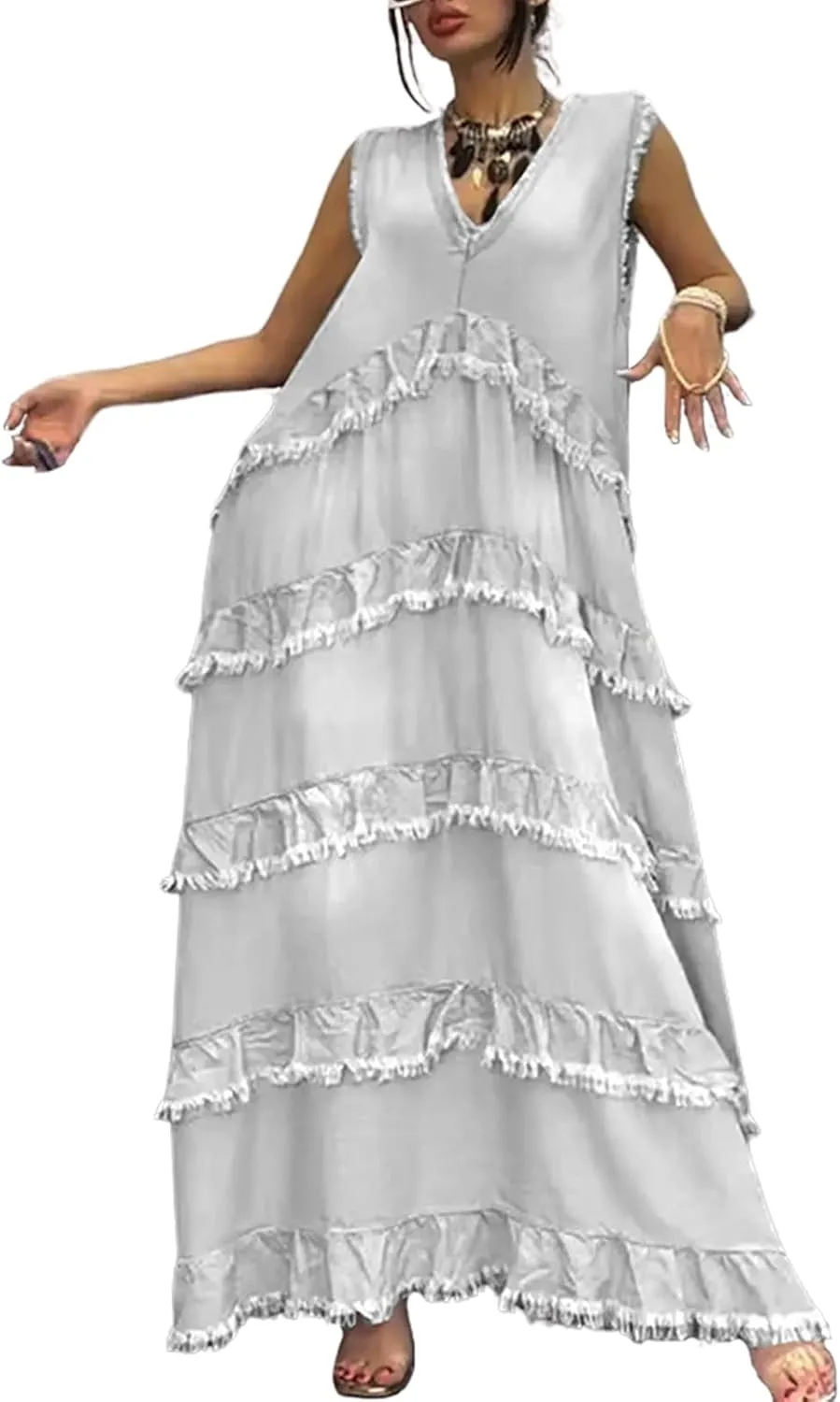 ebossy Womens Casual Sleeveless Denim Maxi Dress Loose V Neck Tiered Ruffle Flowy Swing Boho Beach Sundress