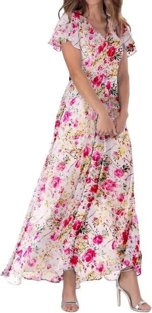 Elegant Dresses for Women 2024 Floral Print Ruffle Short Sleeve A-Line Dress Trendy V Neck High Waist Maxi Dress