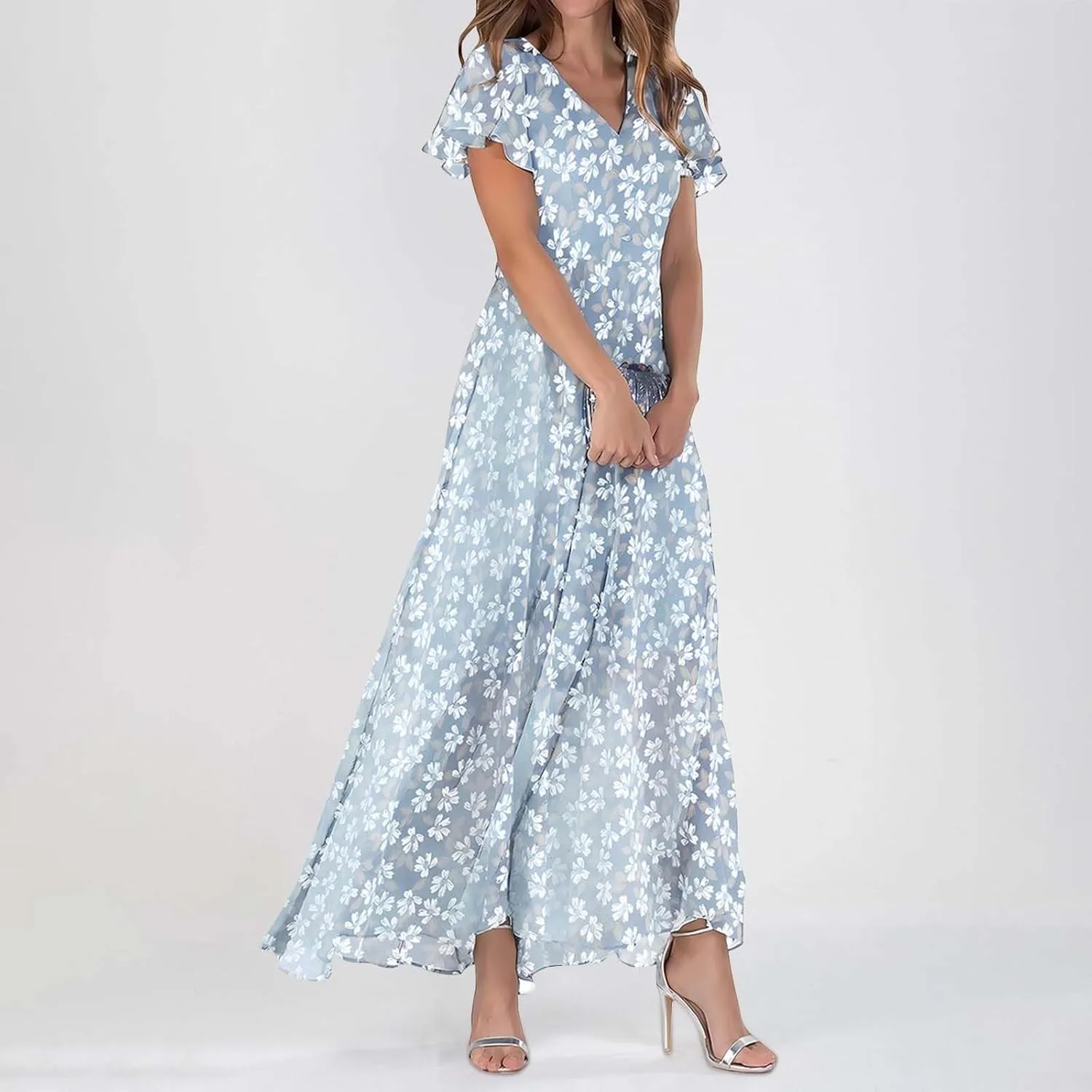 Elegant Dresses for Women 2024 Floral Print Ruffle Short Sleeve A-Line Dress Trendy V Neck High Waist Maxi Dress