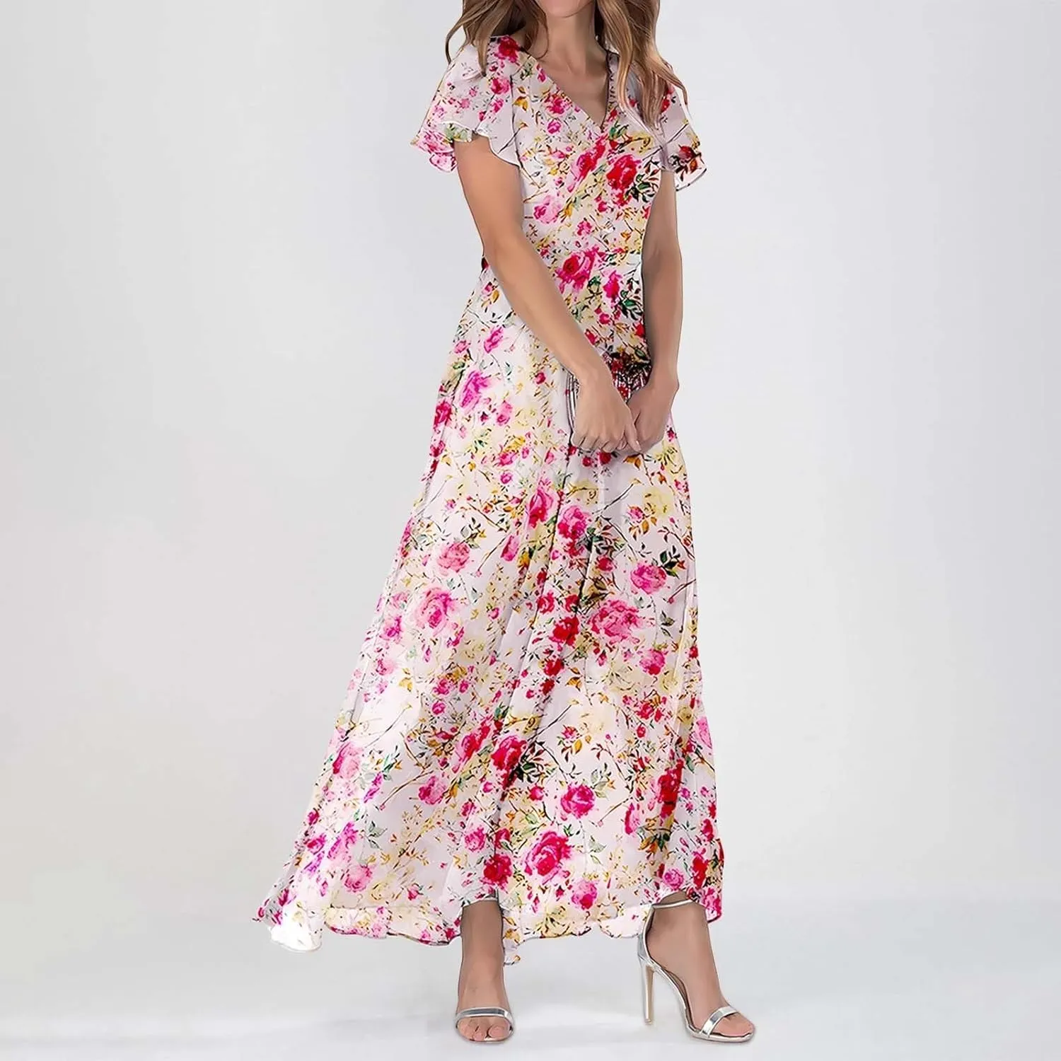 Elegant Dresses for Women 2024 Floral Print Ruffle Short Sleeve A-Line Dress Trendy V Neck High Waist Maxi Dress