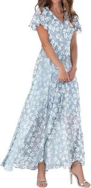 Elegant Dresses for Women 2024 Floral Print Ruffle Short Sleeve A-Line Dress Trendy V Neck High Waist Maxi Dress