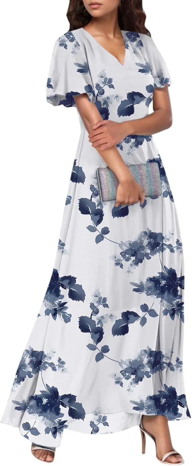 Elegant Dresses for Women 2025 Floral Print Ruffle Short Sleeve A-Line Dress Trendy V Neck High Waist Maxi Dress
