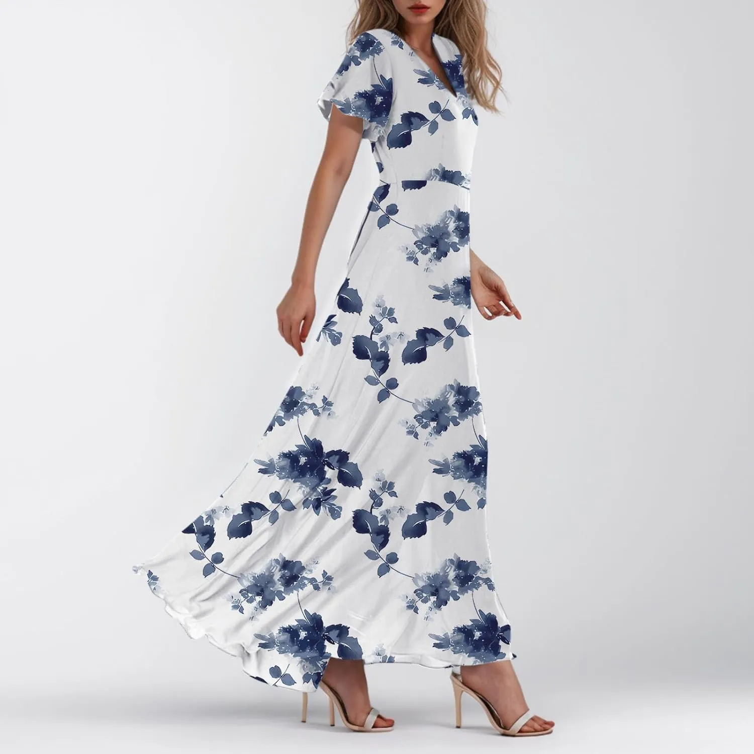 Elegant Dresses for Women 2025 Floral Print Ruffle Short Sleeve A-Line Dress Trendy V Neck High Waist Maxi Dress