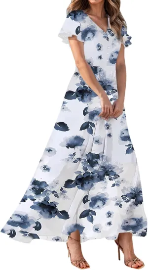 Elegant Dresses for Women 2025 Floral Print Ruffle Short Sleeve A-Line Dress Trendy V Neck High Waist Maxi Dress