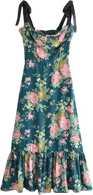 Elegant Floral Print Women's Mini Dress with Ruffles and Lace-Up