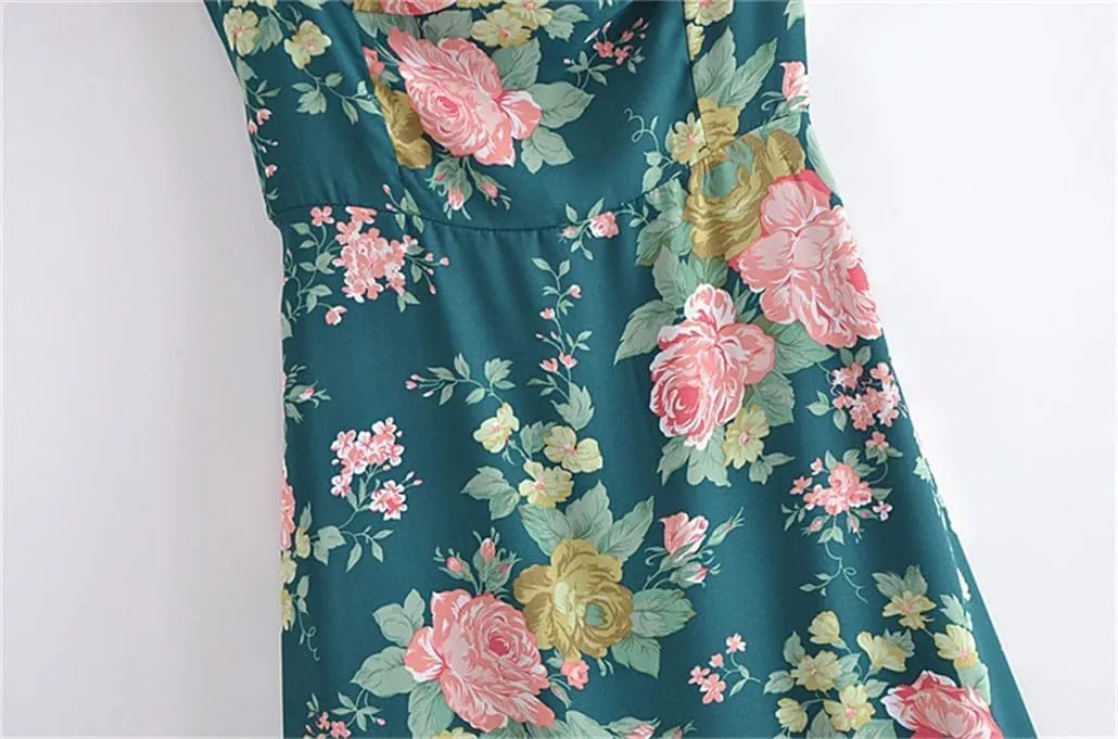 Elegant Floral Print Women's Mini Dress with Ruffles and Lace-Up
