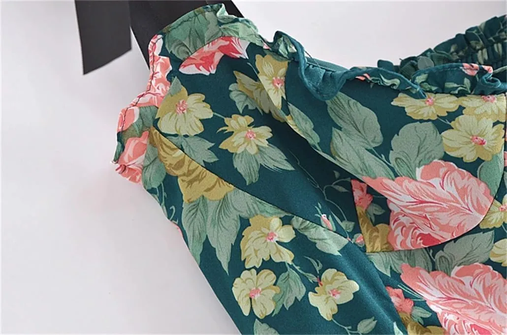 Elegant Floral Print Women's Mini Dress with Ruffles and Lace-Up