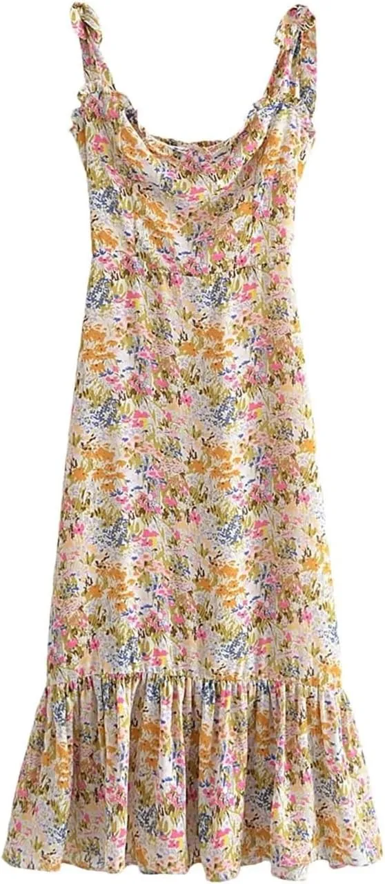 Elegant Floral Print Women's Mini Dress with Ruffles and Lace-Up