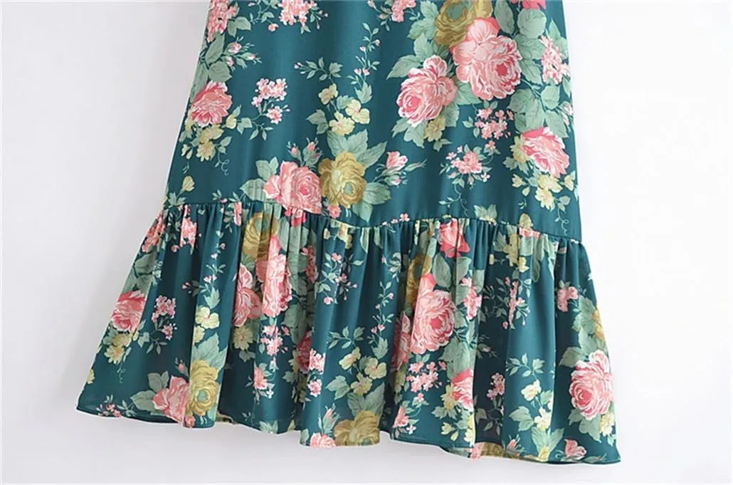 Elegant Floral Print Women's Mini Dress with Ruffles and Lace-Up