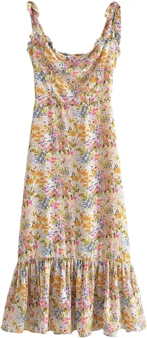 Elegant Floral Print Women's Mini Dress with Ruffles and Lace-Up