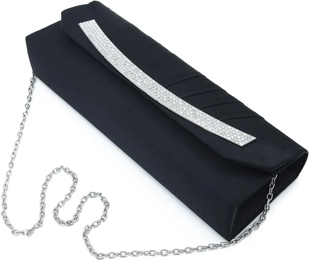 Elegant Pleated Satin Flap Rhinestones Clutch Evening Bag - Diff Colors Avail
