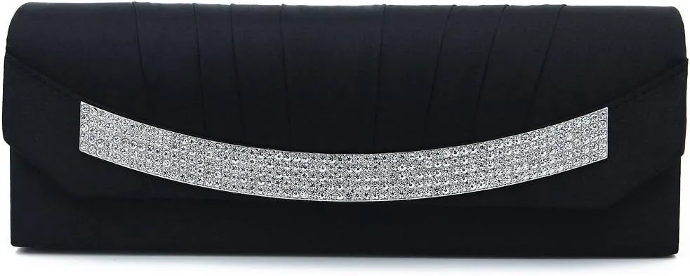Elegant Pleated Satin Flap Rhinestones Clutch Evening Bag - Diff Colors Avail