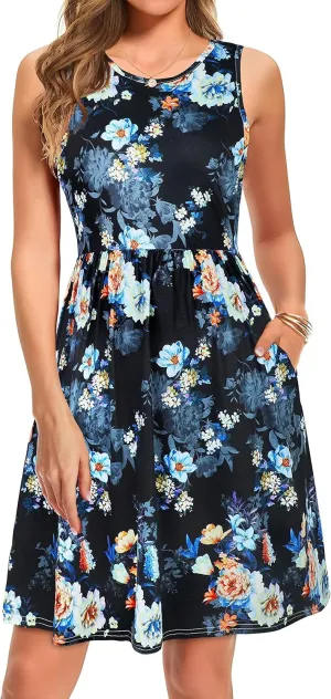 elescat Summer Dresses for Women Casual Sleeveless Tshirt Beach Flowy Tank Sundresses with Pockets