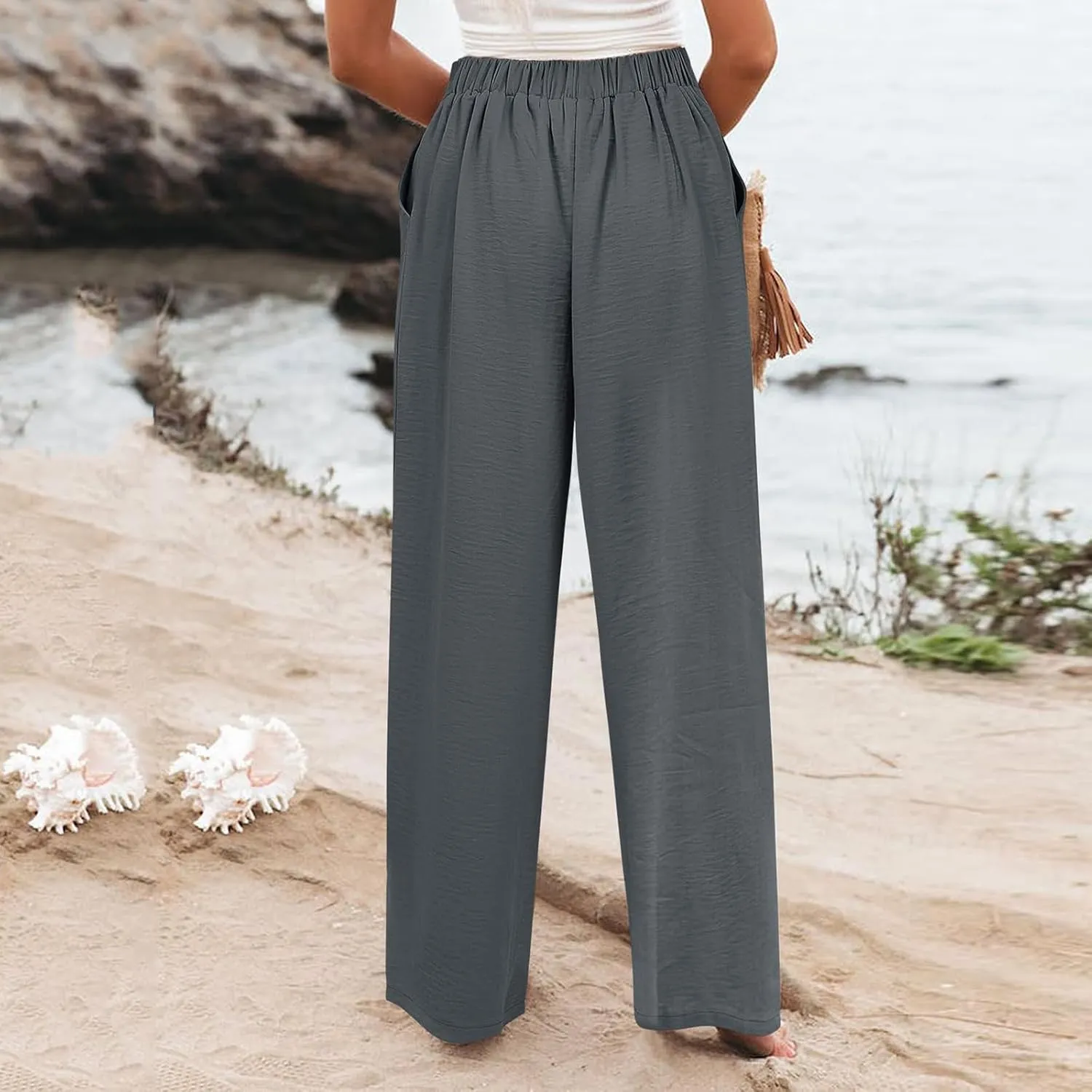 eoeioa High Waist Palazzo Pants for Women Dressy Button Business Work Pants Summer Beach Wide Leg Pants Trousers with Pockets