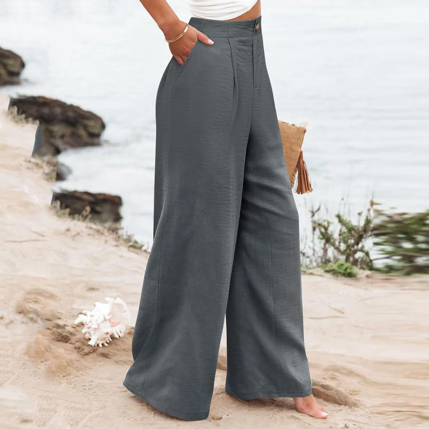 eoeioa High Waist Palazzo Pants for Women Dressy Button Business Work Pants Summer Beach Wide Leg Pants Trousers with Pockets