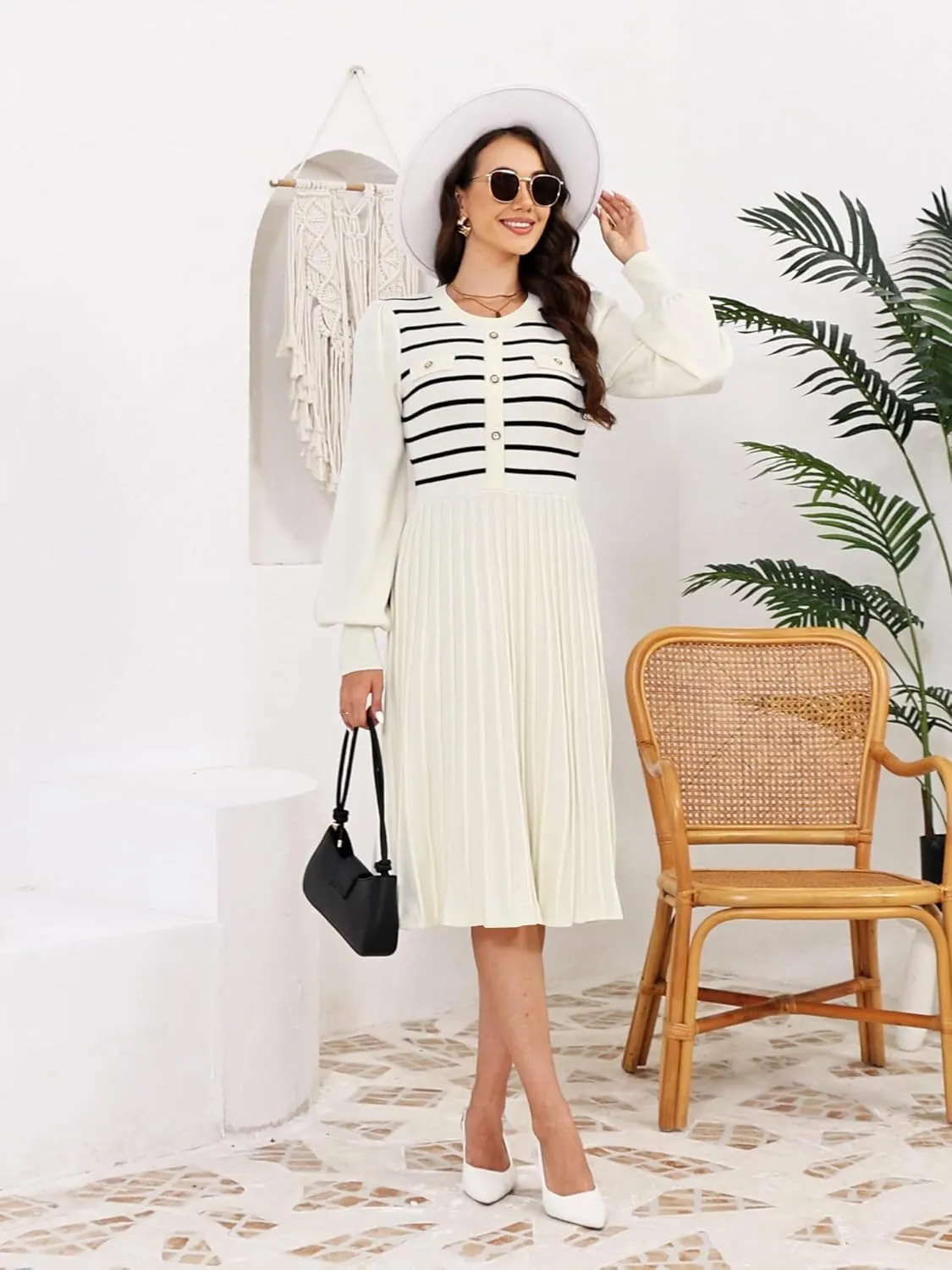 ETCYY Women's Casual Long Sleeve Midi Dress 2025 Striped Fall Sweater Work Button Pleated A Line Ribbed Knit Dresses