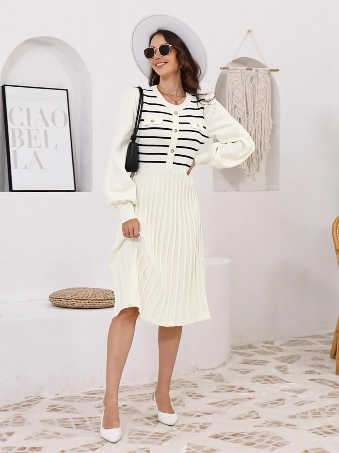 ETCYY Women's Casual Long Sleeve Midi Dress 2025 Striped Fall Sweater Work Button Pleated A Line Ribbed Knit Dresses