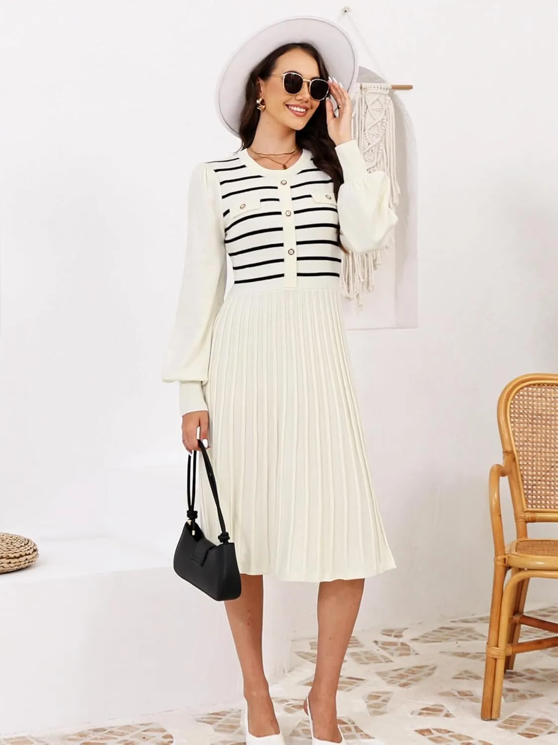 ETCYY Women's Casual Long Sleeve Midi Dress 2025 Striped Fall Sweater Work Button Pleated A Line Ribbed Knit Dresses