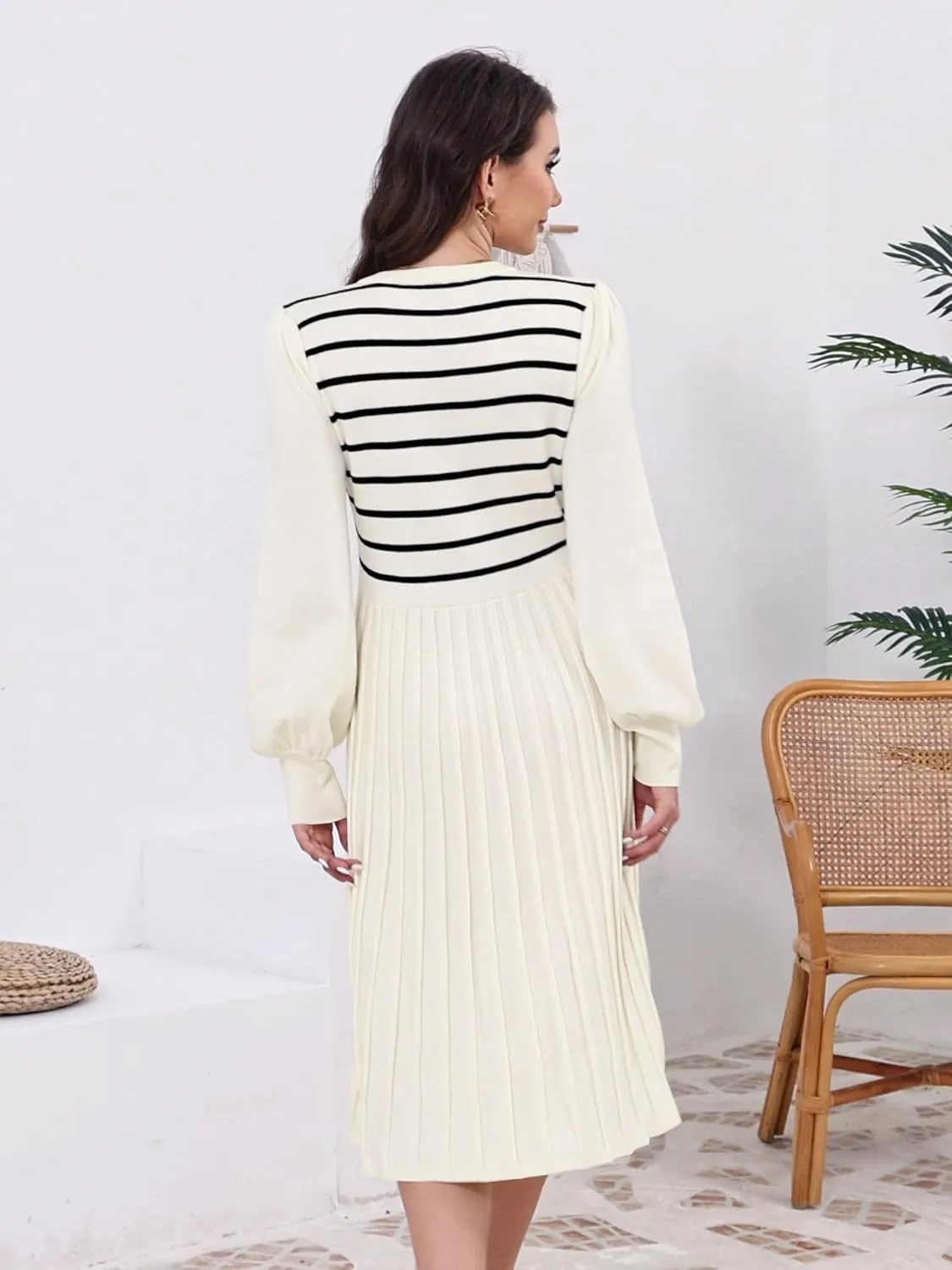 ETCYY Women's Casual Long Sleeve Midi Dress 2025 Striped Fall Sweater Work Button Pleated A Line Ribbed Knit Dresses