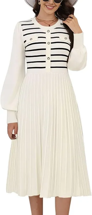 ETCYY Women's Casual Long Sleeve Midi Dress 2025 Striped Fall Sweater Work Button Pleated A Line Ribbed Knit Dresses