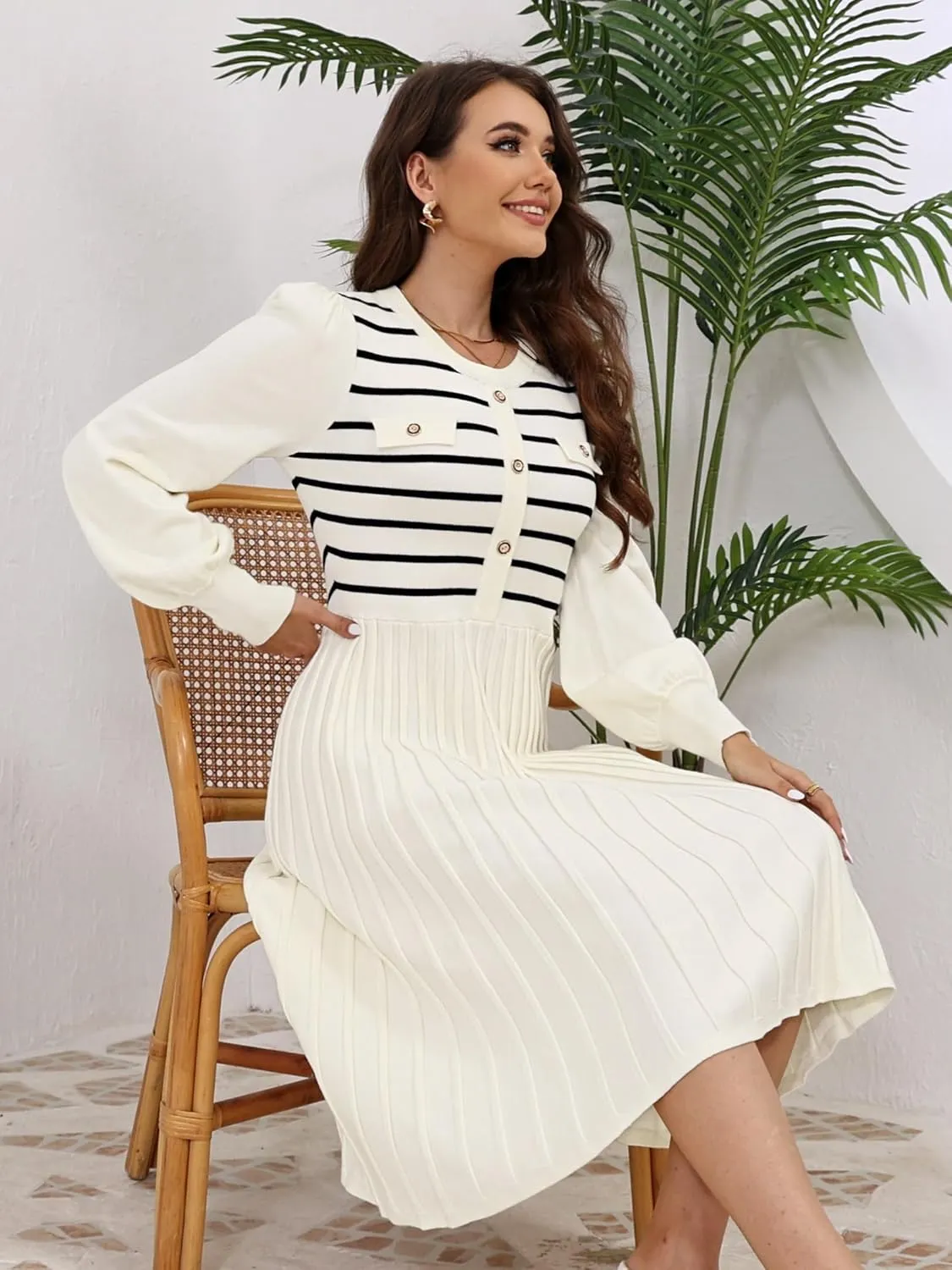 ETCYY Women's Casual Long Sleeve Midi Dress 2025 Striped Fall Sweater Work Button Pleated A Line Ribbed Knit Dresses