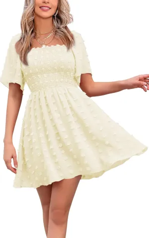 EXLURA Women's 2025 Summer Casual Square Neck Dresses Ruffle Short Sleeve Swiss Dot Flowy Mini Dress