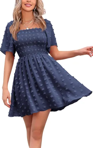EXLURA Women's 2025 Summer Casual Square Neck Dresses Ruffle Short Sleeve Swiss Dot Flowy Mini Dress