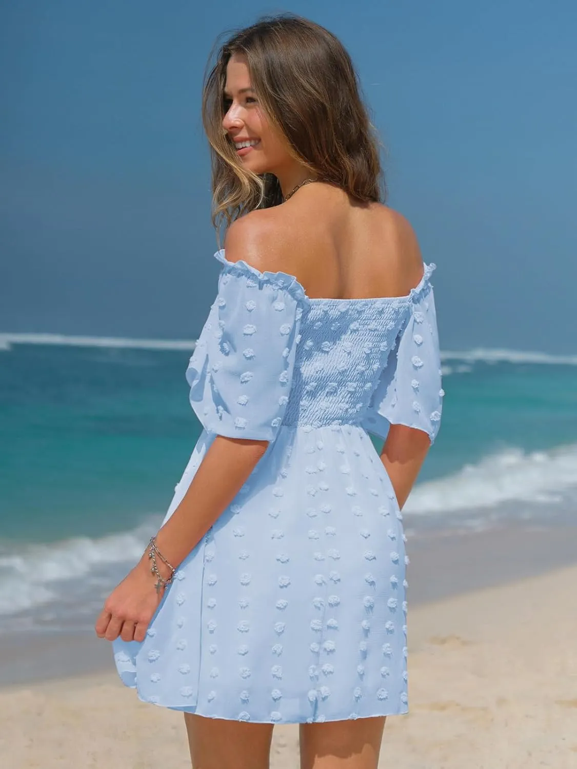 EXLURA Women's 2025 Summer Casual Square Neck Dresses Ruffle Short Sleeve Swiss Dot Flowy Mini Dress