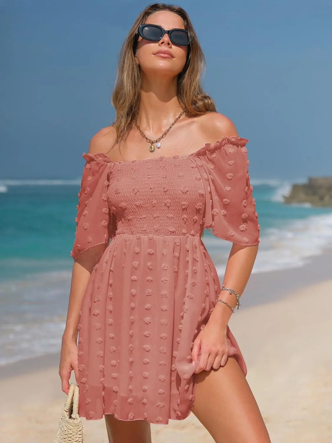 EXLURA Women's 2025 Summer Casual Square Neck Dresses Ruffle Short Sleeve Swiss Dot Flowy Mini Dress