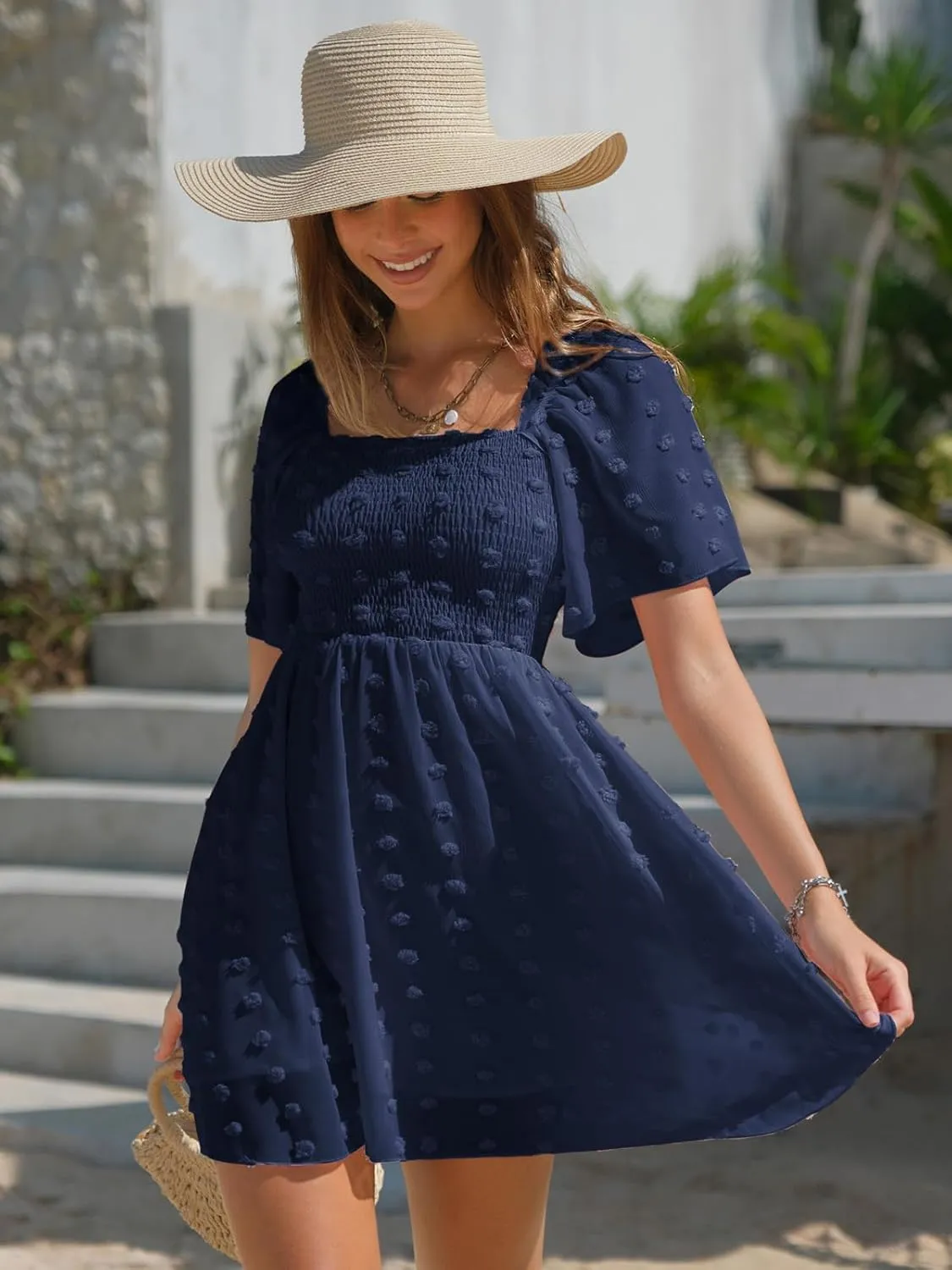 EXLURA Women's 2025 Summer Casual Square Neck Dresses Ruffle Short Sleeve Swiss Dot Flowy Mini Dress