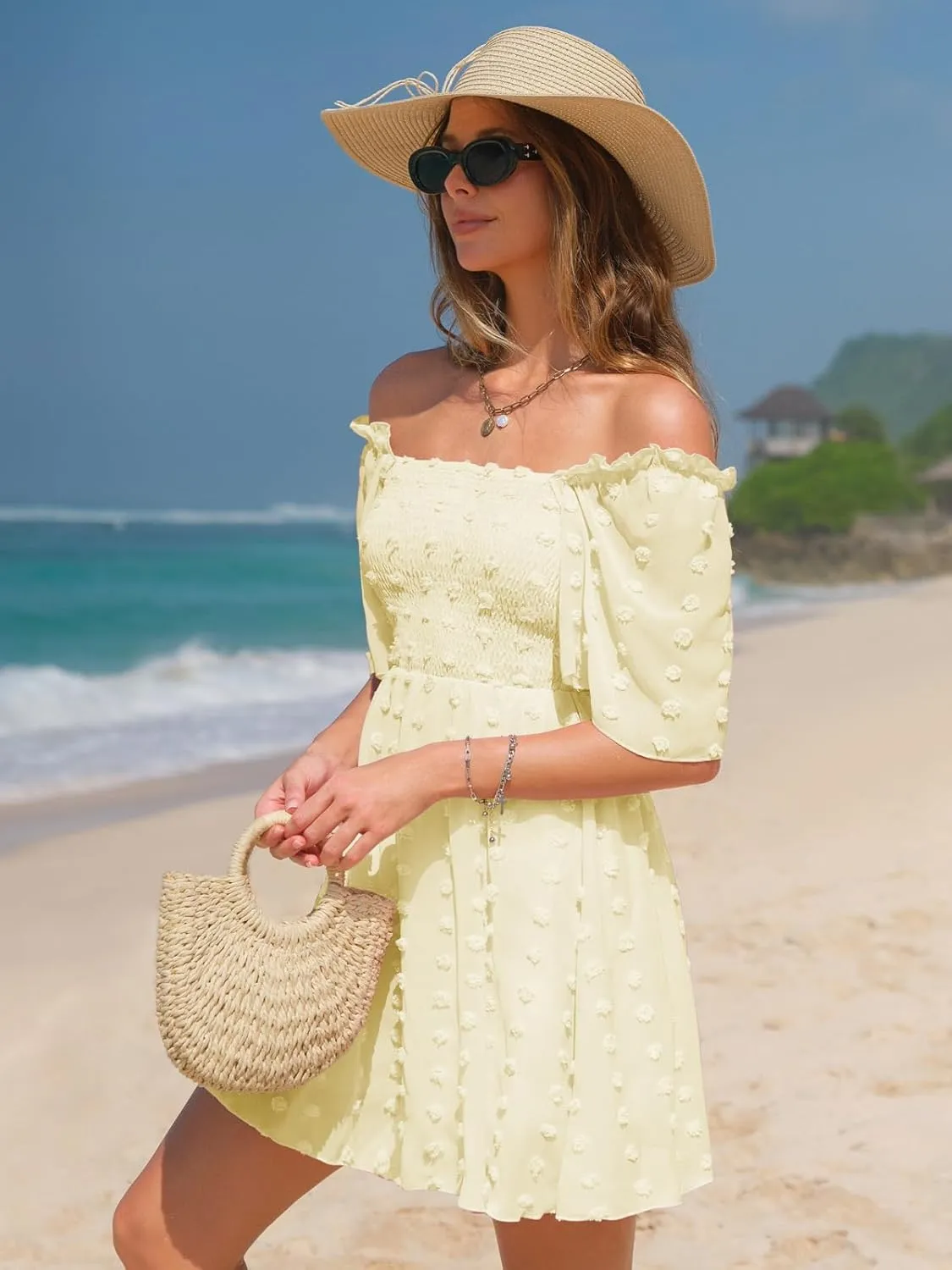 EXLURA Women's 2025 Summer Casual Square Neck Dresses Ruffle Short Sleeve Swiss Dot Flowy Mini Dress