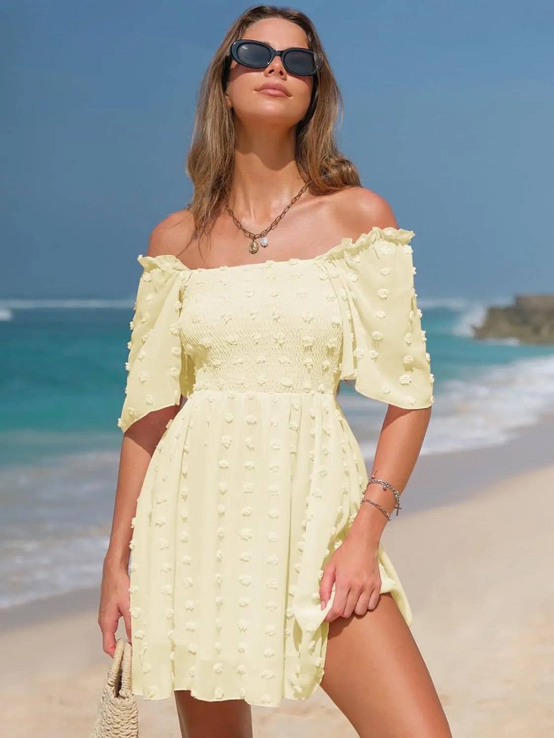 EXLURA Women's 2025 Summer Casual Square Neck Dresses Ruffle Short Sleeve Swiss Dot Flowy Mini Dress