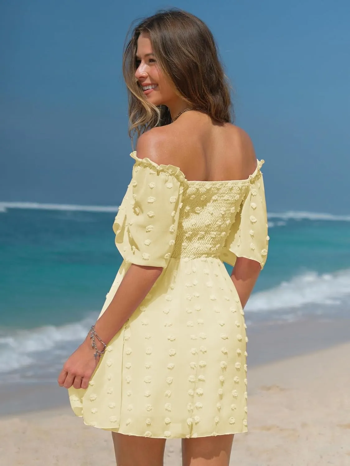 EXLURA Women's 2025 Summer Casual Square Neck Dresses Ruffle Short Sleeve Swiss Dot Flowy Mini Dress
