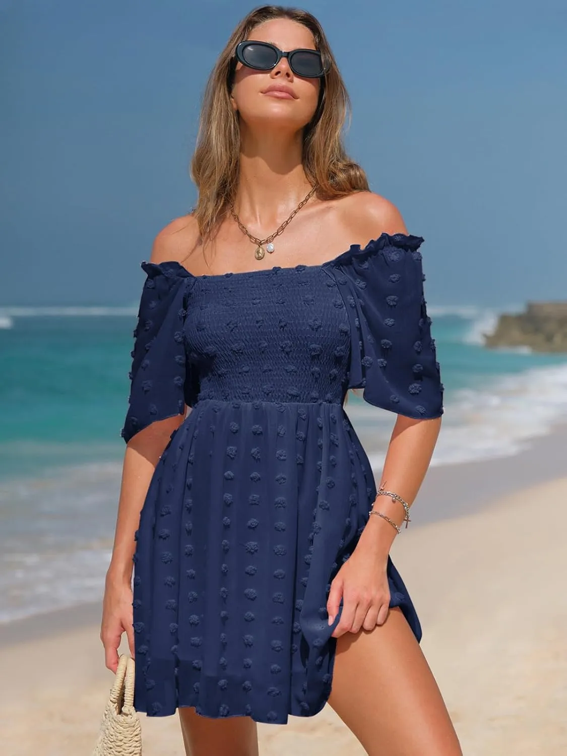 EXLURA Women's 2025 Summer Casual Square Neck Dresses Ruffle Short Sleeve Swiss Dot Flowy Mini Dress