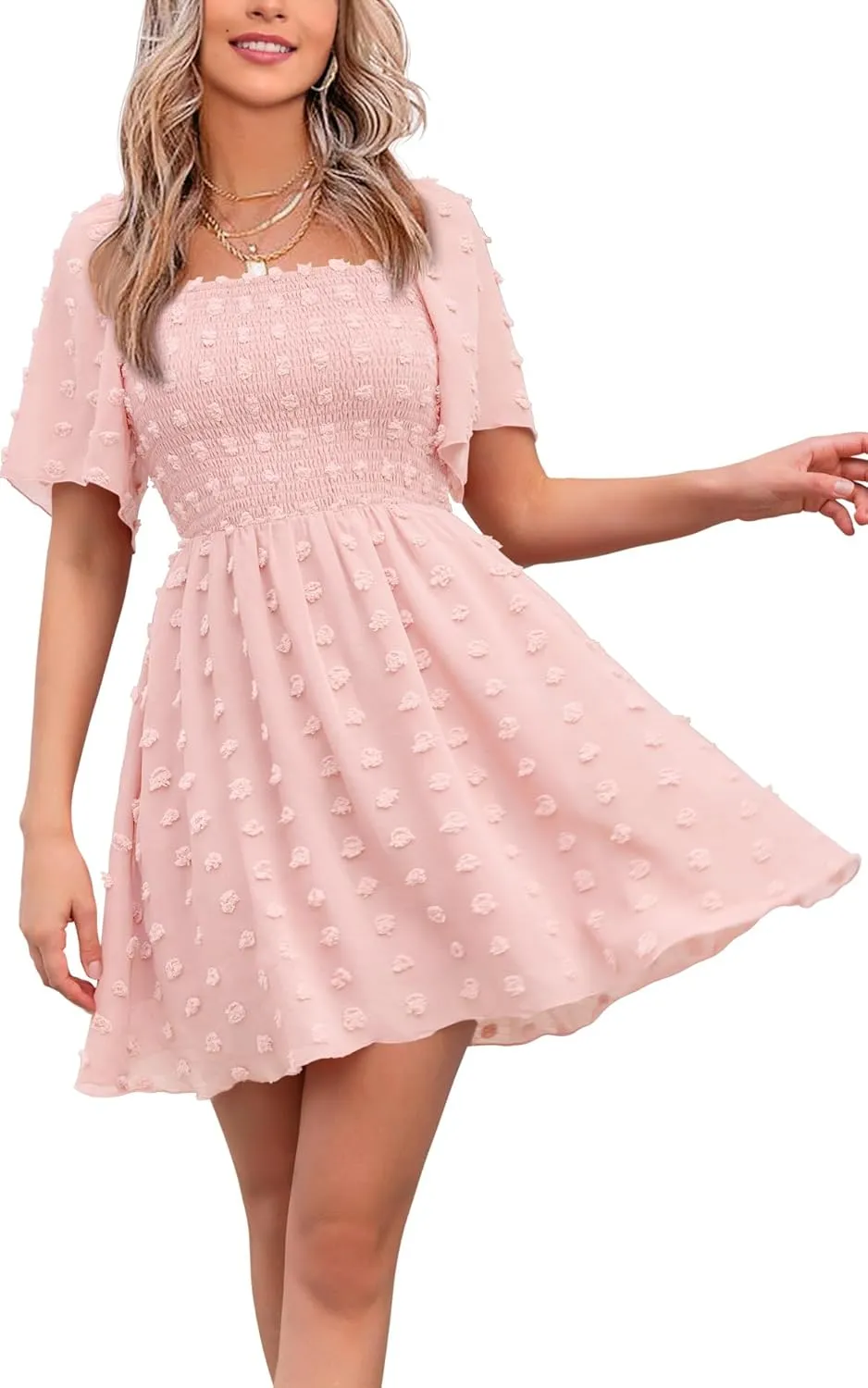 EXLURA Women's 2025 Summer Casual Square Neck Dresses Ruffle Short Sleeve Swiss Dot Flowy Mini Dress