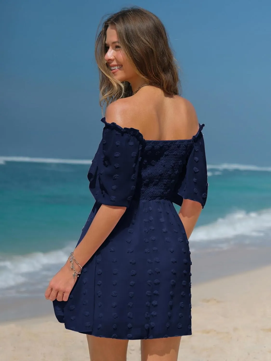 EXLURA Women's 2025 Summer Casual Square Neck Dresses Ruffle Short Sleeve Swiss Dot Flowy Mini Dress