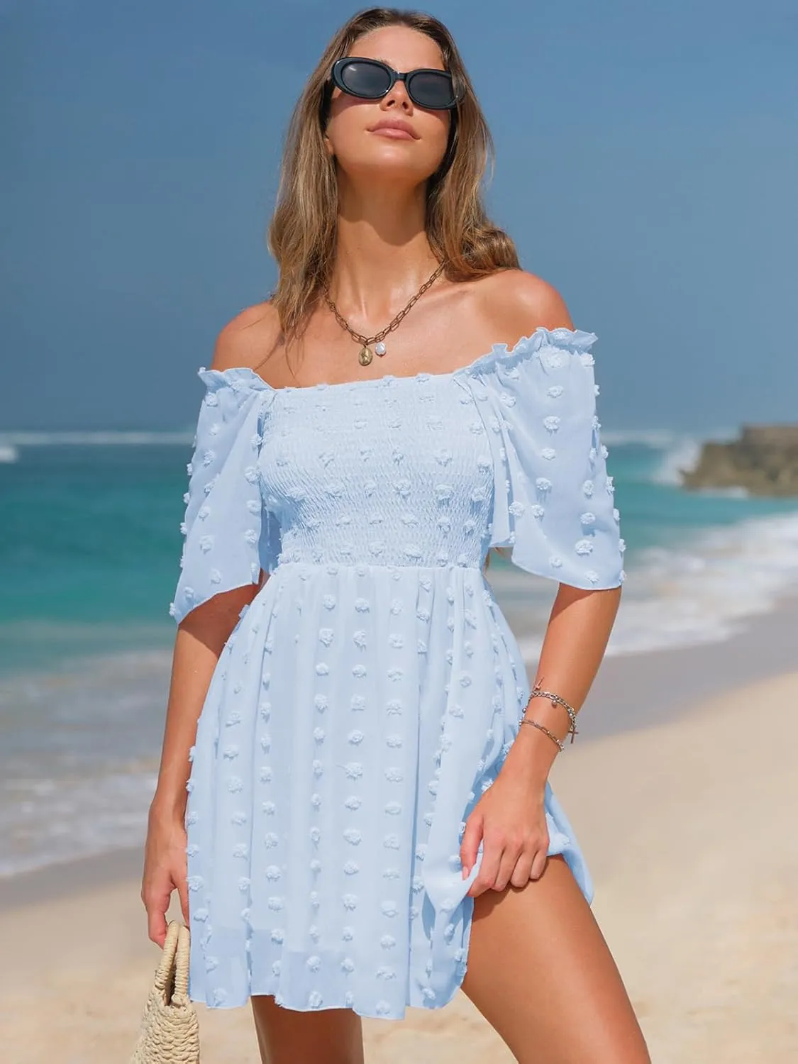 EXLURA Women's 2025 Summer Casual Square Neck Dresses Ruffle Short Sleeve Swiss Dot Flowy Mini Dress